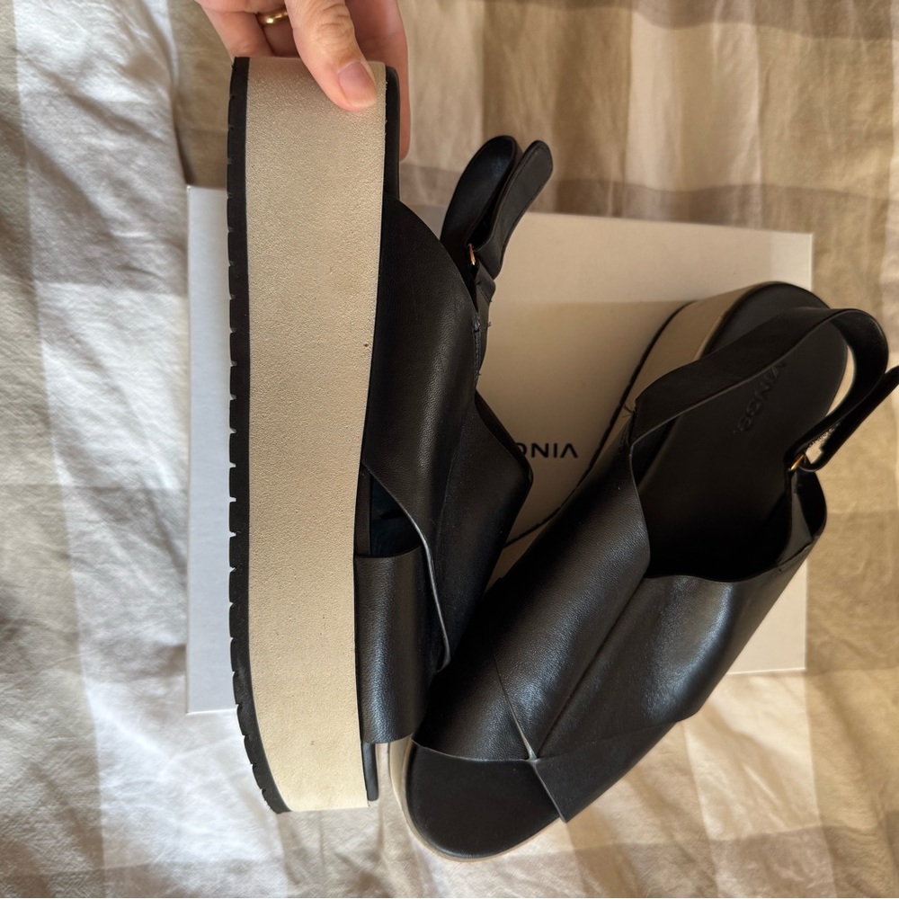 Vince Jenaya Black and Cream Leather Platform Sandals